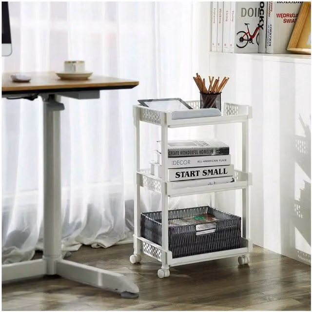 SONGMICS Rolling Trolley with 3 Storage Shelves, White, W: 61.0 cm x D: 36.5 cm x H: 28.0 cm