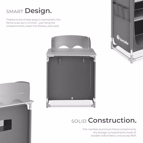 tectake Portable Camping Kitchen in Grey with Aluminium Frame, 2 Shelves, 3 External Pockets, Heat-Resistant Worktop and Zipped Door, W/D/H: 107 x 53.5 x 76 cm – 4