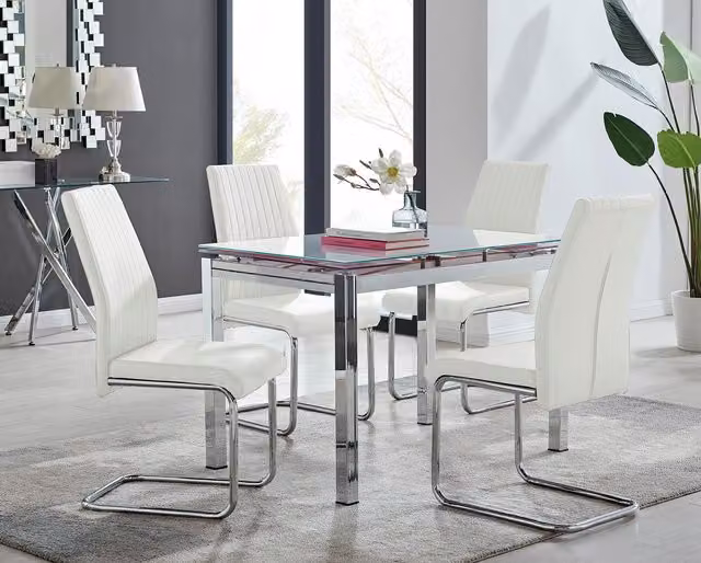 FurnitureboxUK Enna White Glass Extending 4-6 Seater Dining Table and 4 Lorenzo Faux Leather Chairs – 1