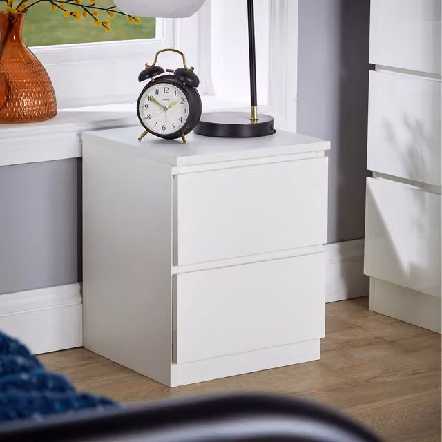 Home Source Lugano 2 Drawer Bedside Cabinet with High Gloss White Drawer Fronts