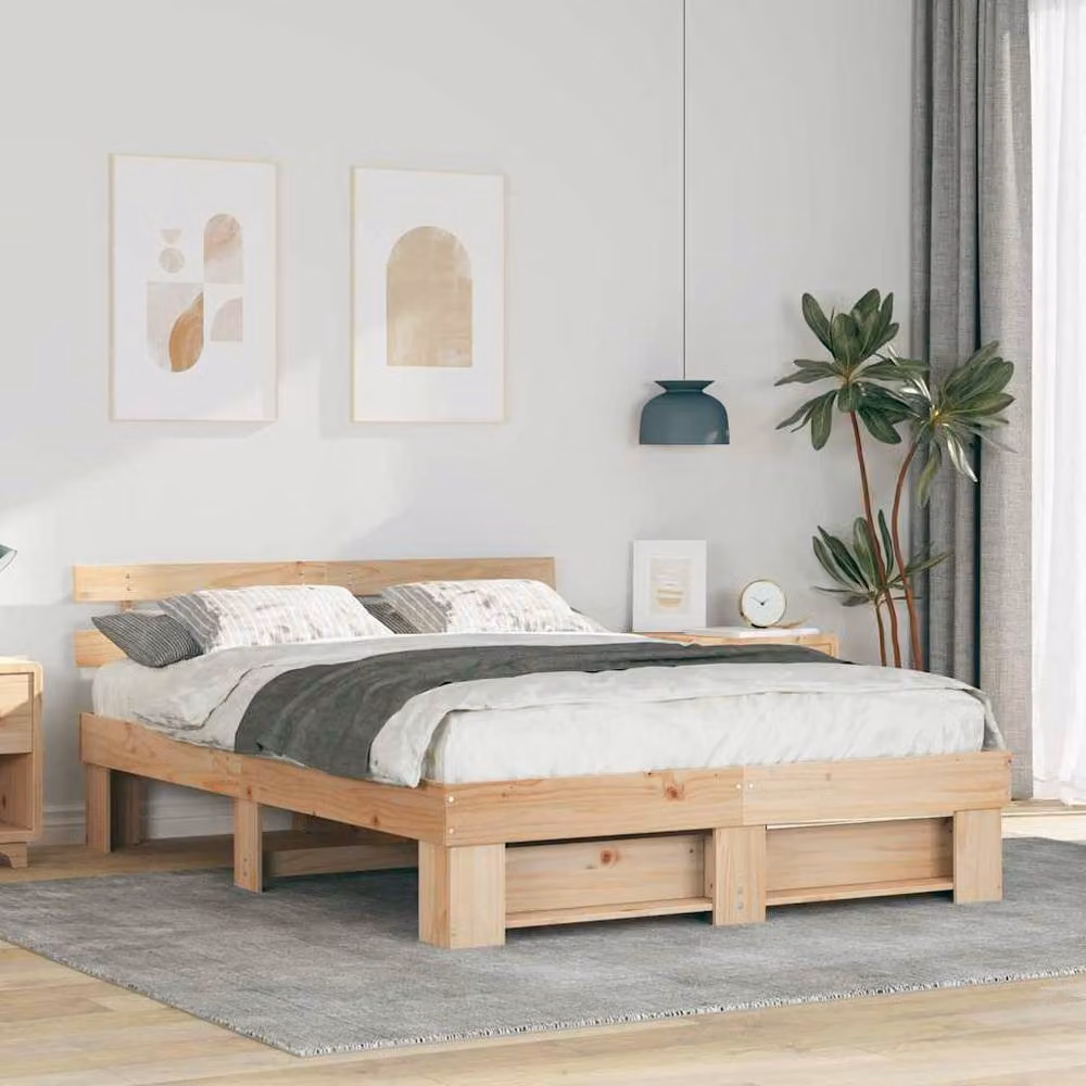 Berkfield Home Solid Pine Bed Frame with Headboard and Drawers in Brown, W/D/H: 160 x 200 x 73 cm – 2