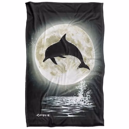 JQ Licensing Royce Mcclure Dolphin Moon Silhouette Super Soft Silky Touch Fleece Throw Blanket, Multicolour, W/D/H: 91 x 147 cm