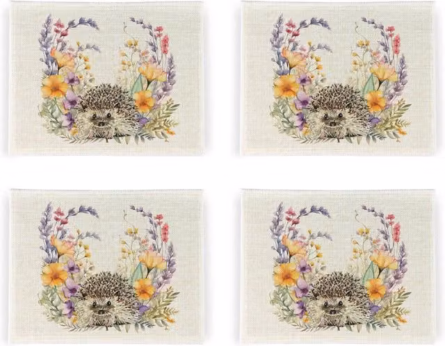 Purely Home Floral Hedgehog Linen Placemats, Set of 4, White and Multicolour