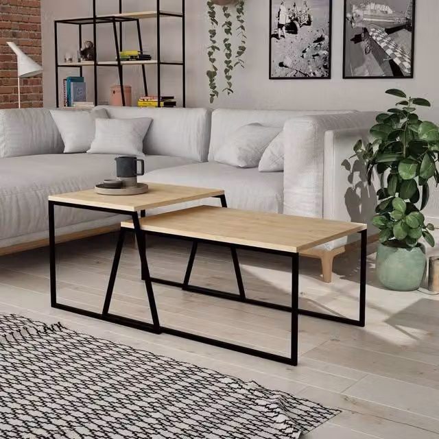FORGEVIO Set of 2 Modern Nesting Coffee Tables in Natural Oak Finish and Brown Wood