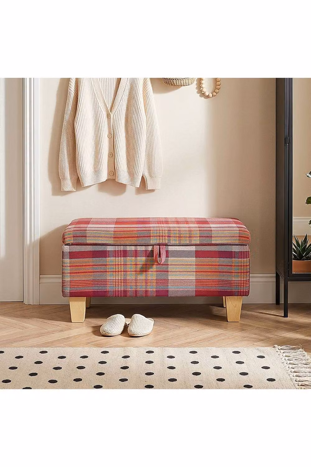 Living and Home Linen Upholstered Rectangular Storage Ottoman in Red – 2