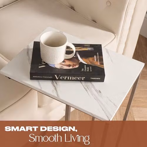 OHS Marble Effect C-Shaped Coffee Table and Sofa Side Table in White and Multicolour, W/D/H: 40 x 63 x 40 cm – 3