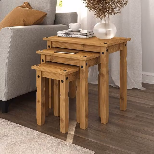 FLAVORA Set of 3 Nest of Tables in Brown Waxed Pine