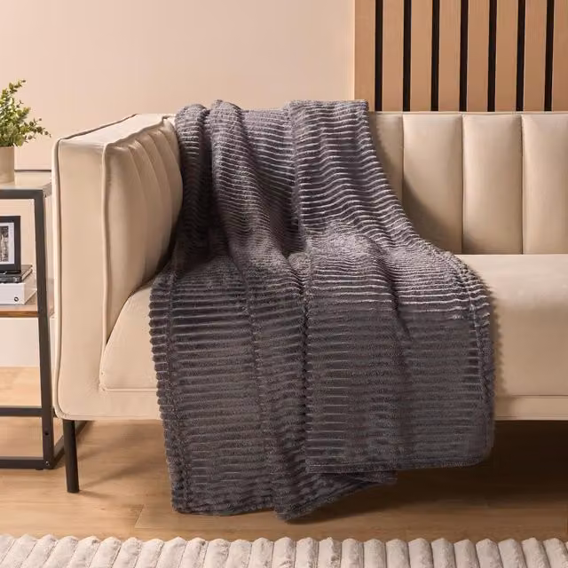 OHS Fluffy Ribbed Faux Fur Throw in Grey