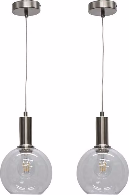First Choice Lighting Barnum Set of 2 Art Deco Pendant Fittings with Transparent Glass Globes and Silver Metal Finish – 1
