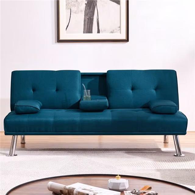 Yaheetech Blue Petrol Convertible Click-Clack Sofa Bed with Platform and Cup Holders