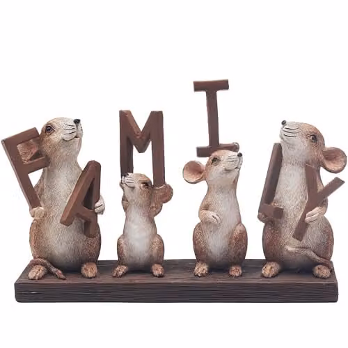 Leonardo Collection Mice Family Sign Quote Decor Carved Tabletop Ornament in White and Brown
