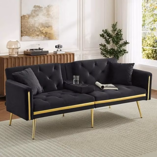 FORGEVIO Black Velvet 2 Seater Click Clack Sofa Bed with Cup Holders