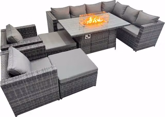 Fimous 10-Seater Dark Grey Rattan L-Shape Outdoor Corner Sofa Set with Gas Fire Pit and Upholstered Cushions