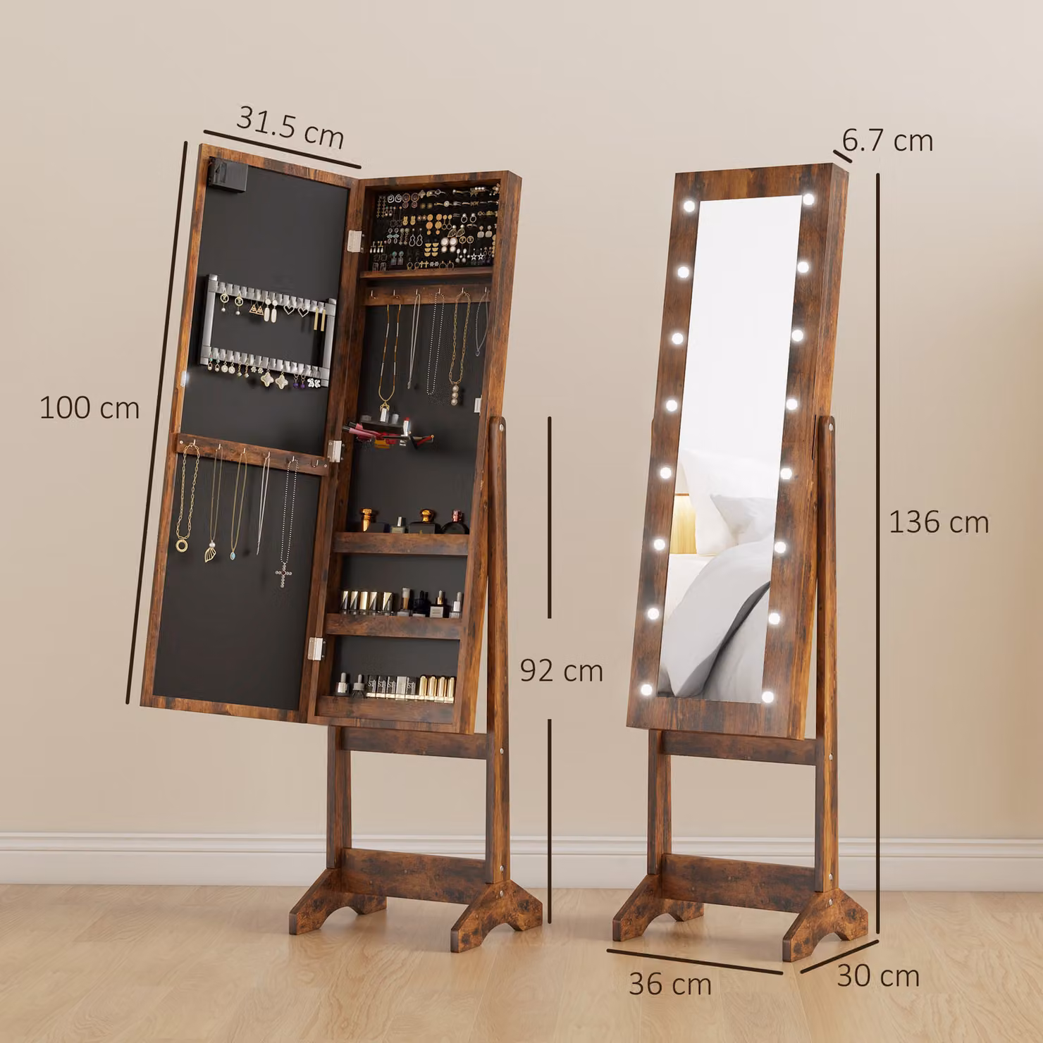 HOMCOM Free Standing Full-Length Mirror Jewellery Cabinet with LED Lights and Storage in Rustic Brown – 3