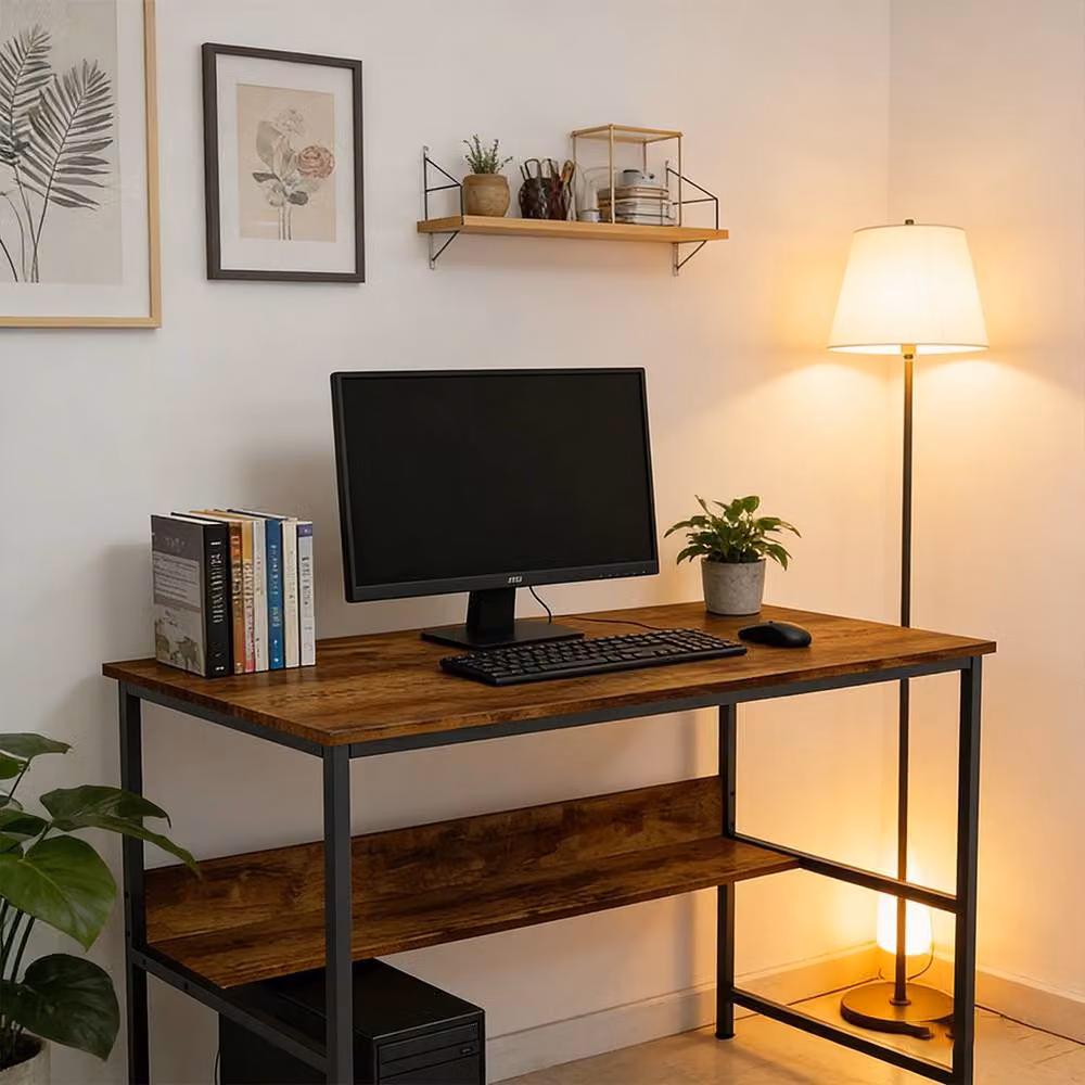 Ventryn 2-Tier Industrial Writing Computer Desk with Metal Frame and Storage in Brown – 4