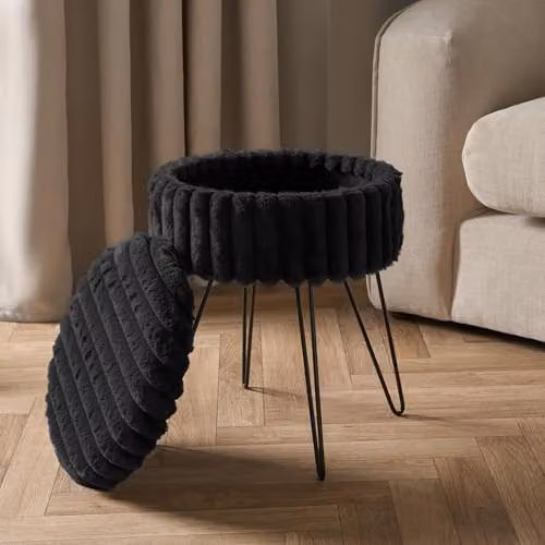 OHS Black Faux Fur Ribbed Round Ottoman Stool with Metal Hairpin Legs – 1