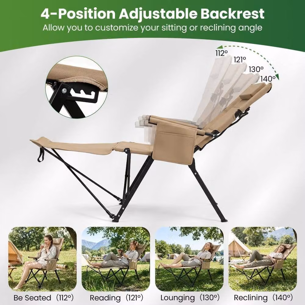 KORVIXA Beige Folding Lounge Chair with Adjustable Headrest and Armrests – 3