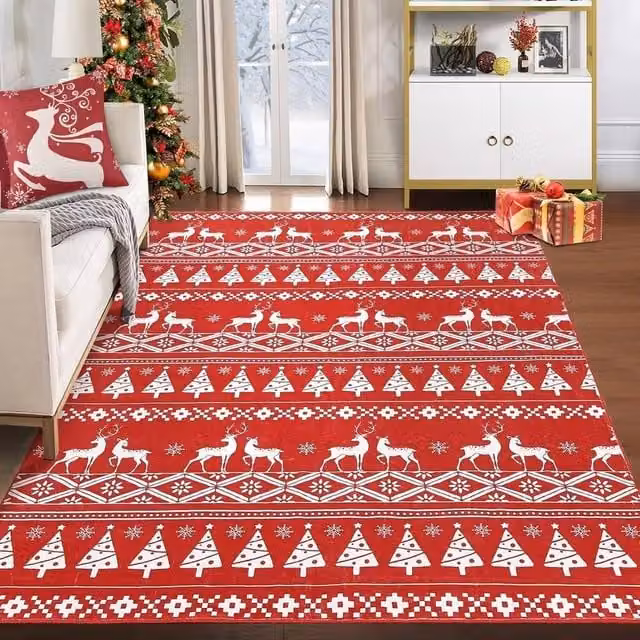 VOGREX Christmas Snowflake Pattern Round Area Rug, Red and Multicolour, Diameter: 100 cm