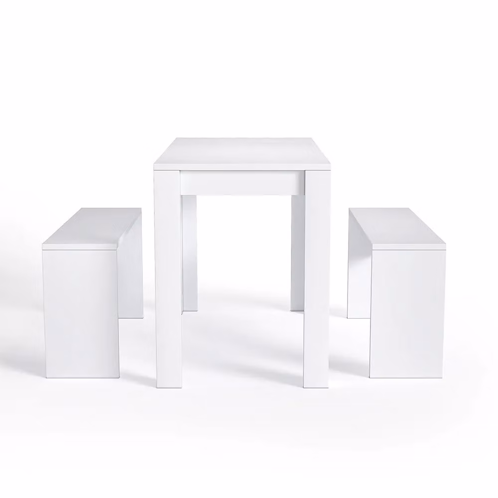 Living and Home Modern White 3-Piece Dining Set with Table and Benches – 4