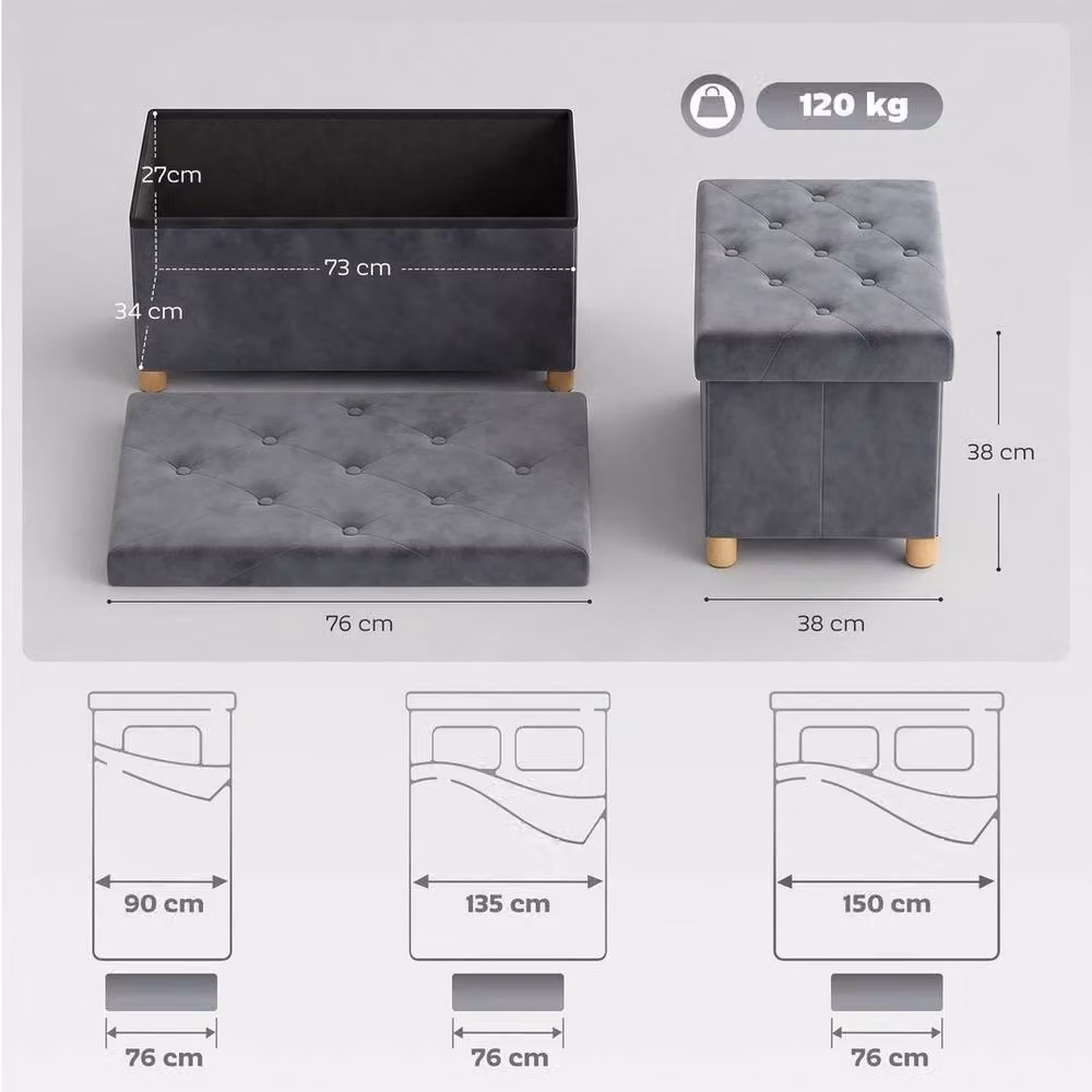 NESTLUNE Velvet Upholstered Foldable Ottoman Footrest in Grey, W/D/H: 100 x 15 x 15 cm – 2