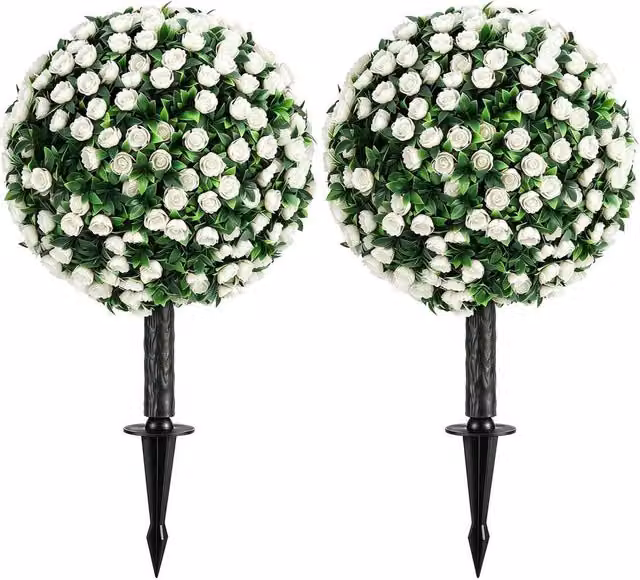 NESTLUNE 2-Pack Artificial Rose Topiary in Green and White, UV Resistant Round Floral Tabletop Decoration, Height: 55 cm – 1