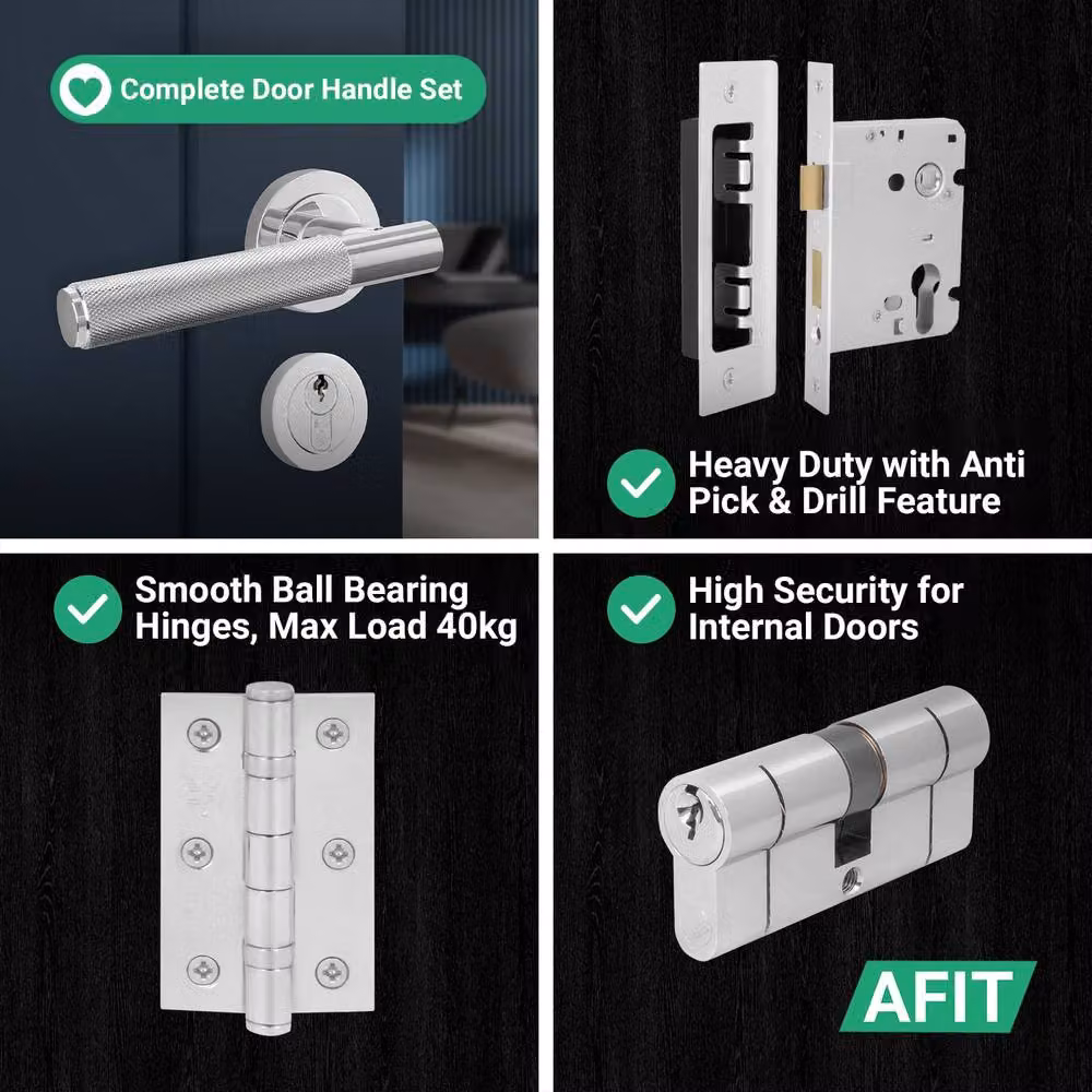 AFIT Polished Chrome Euro Lock Double Cylinder Door Handle with Hinges in Silver, W/D/H: 15.0 x 5.8 x 2.0 cm – 6