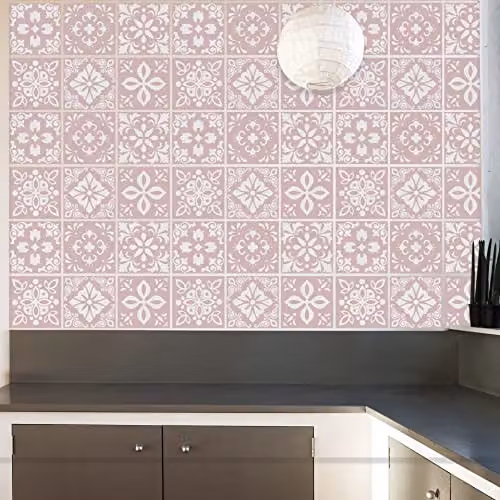 WALPLUS Sevilla Light Pink Spanish Tile Stickers, 24 Pack Waterproof Self Adhesive Geometric Wall Decals, W/D/H: 15 x 15 x 0.54 cm – 3