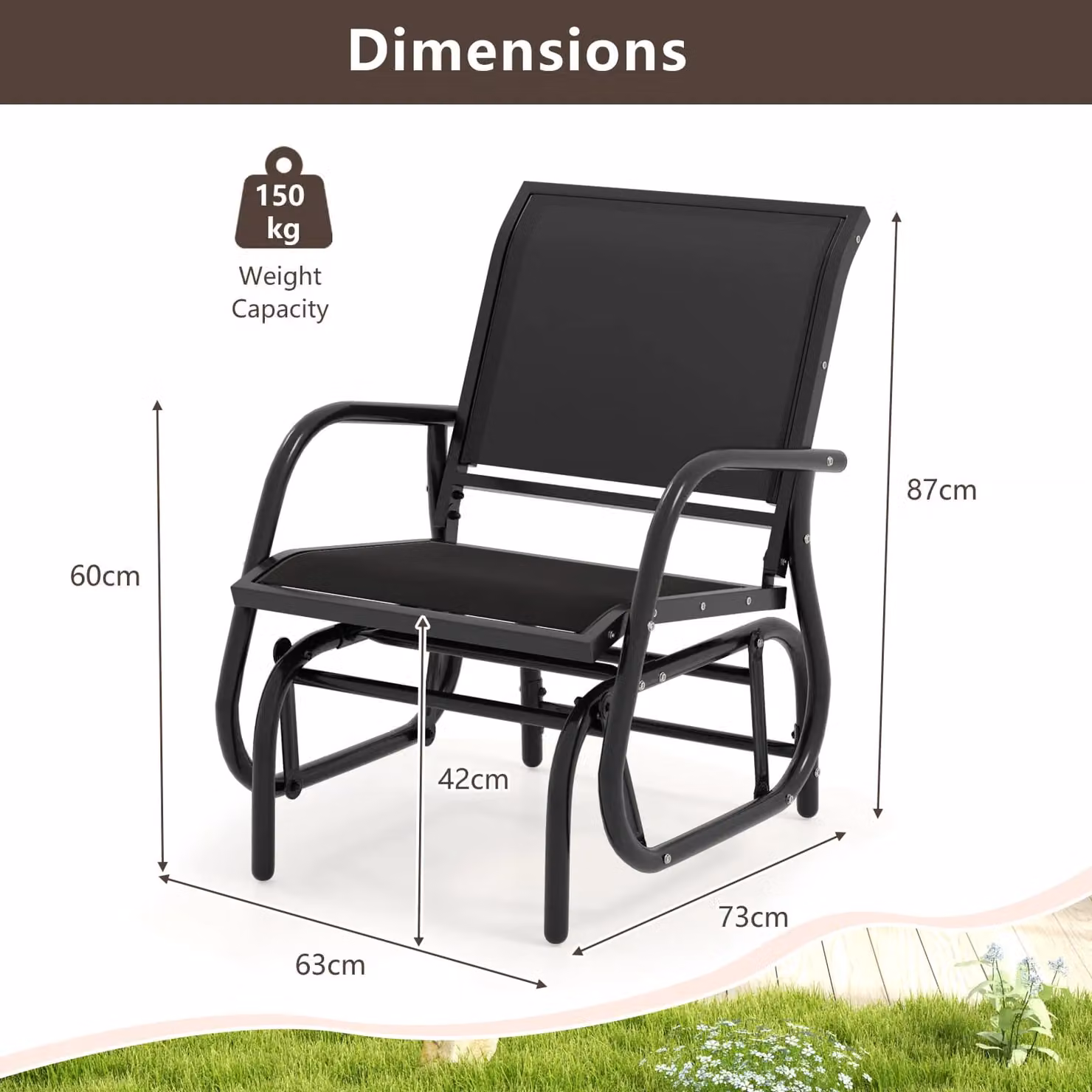 Gymax Black Metal Outdoor Swing Glider Rocking Chair – 3