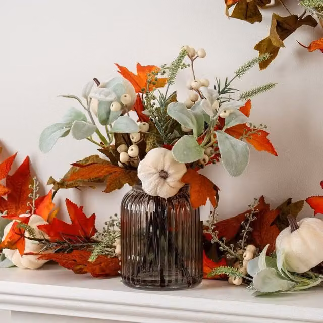 Scottish Everlastings Ltd Pumpkin Arrangement in Orange and Green Ribbed Glass Vase, Height: 33 cm