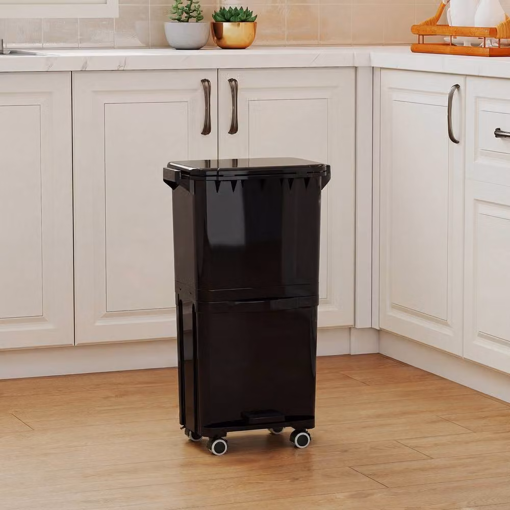 Costway Rolling Pedal Trash Can with 2 Removable Plastic Bins, Black – 3