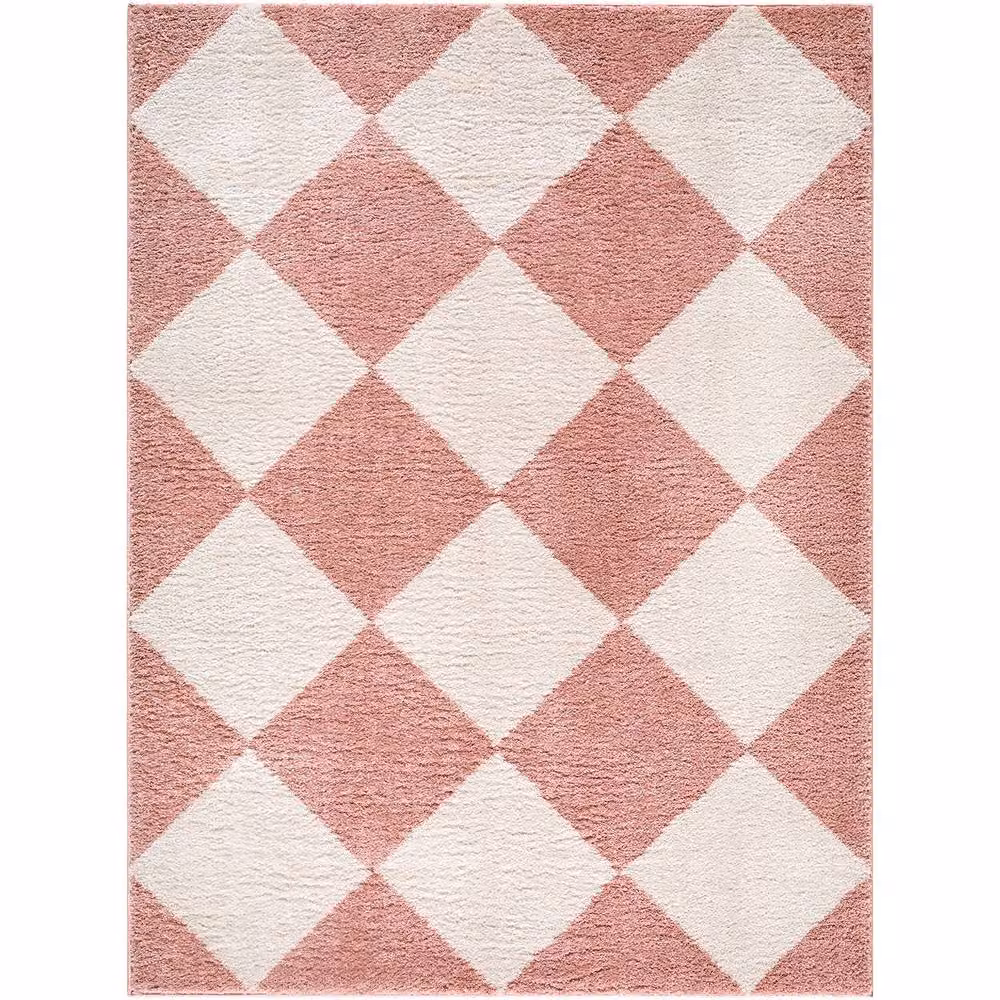 Livabliss Fossay Pink and Ivory Modern High Pile Diamond Pattern Washable Rug W: 160 cm, D: 215 cm – 2