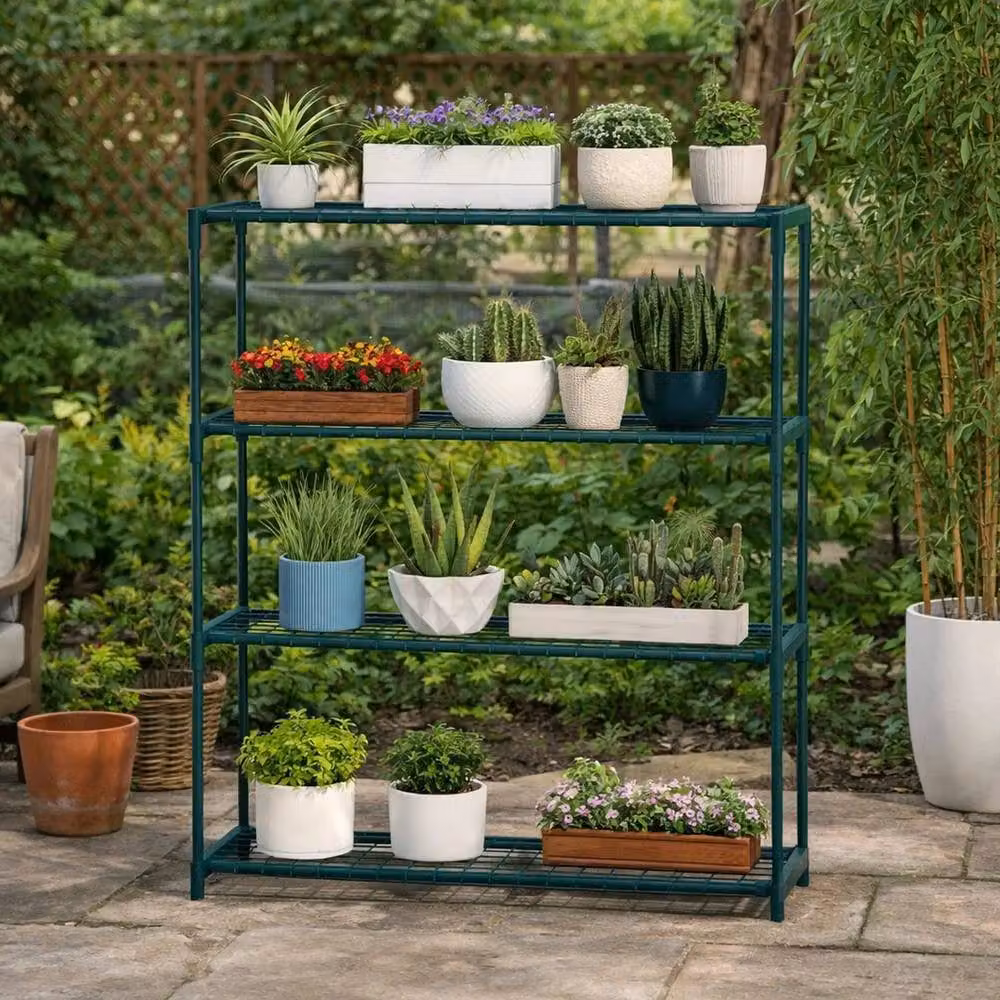 SPETLEK 4 Tier Metal Plant Stand Planter Holder in Green, W/D/H: 90 x 30 x 106 cm – 4