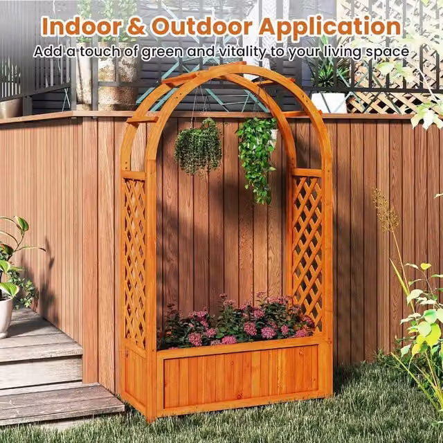 NESTLUNE Wooden Raised Garden Bed with Arch Trellis, Brown