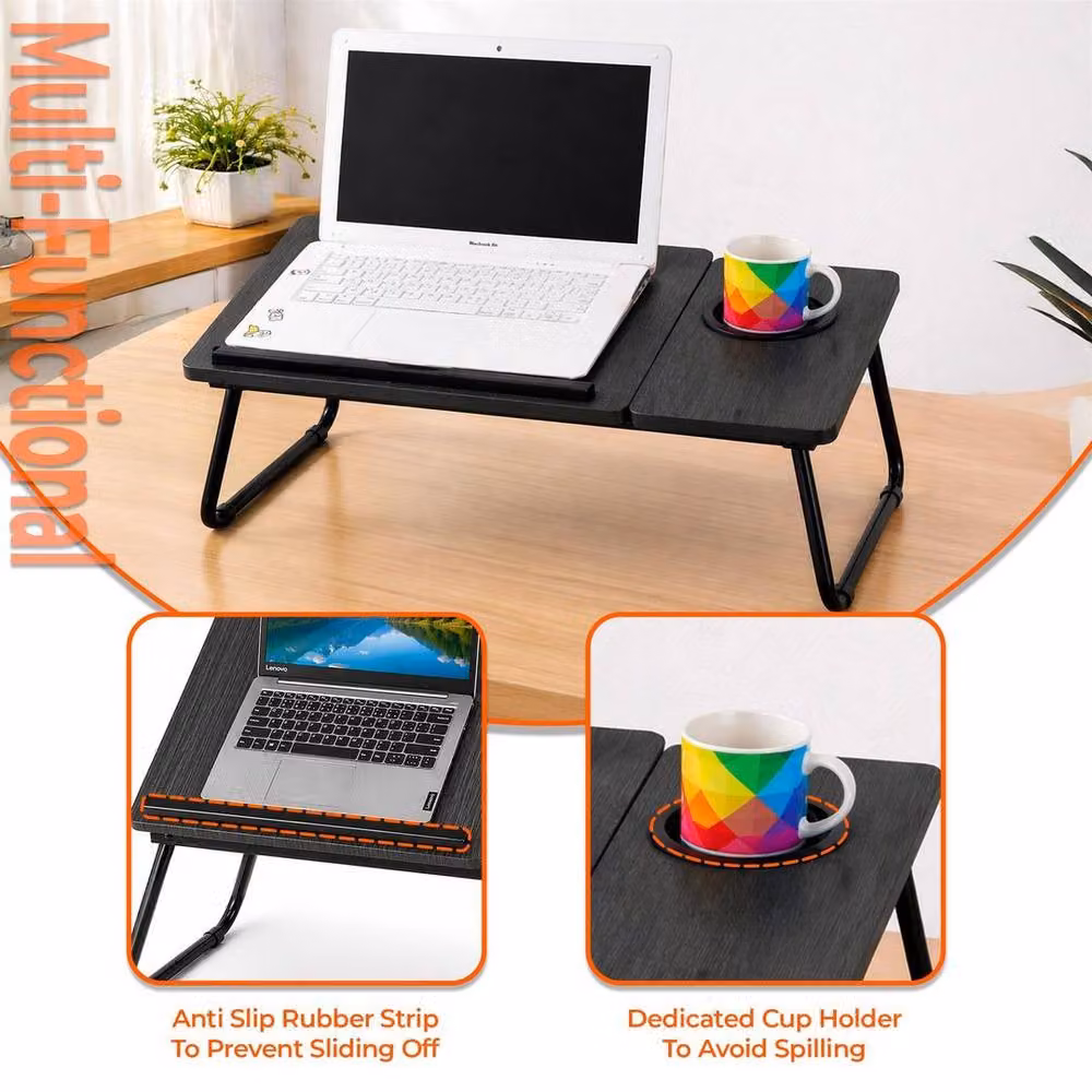 FLAVORA Black Foldable Laptop Table with Adjustable Tilting Top and Height-Adjustable Legs – 2