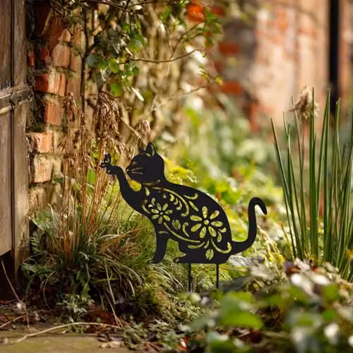 Nicoman Metal Cat Silhouette Garden Ornament with Floral Pattern, Black – 4