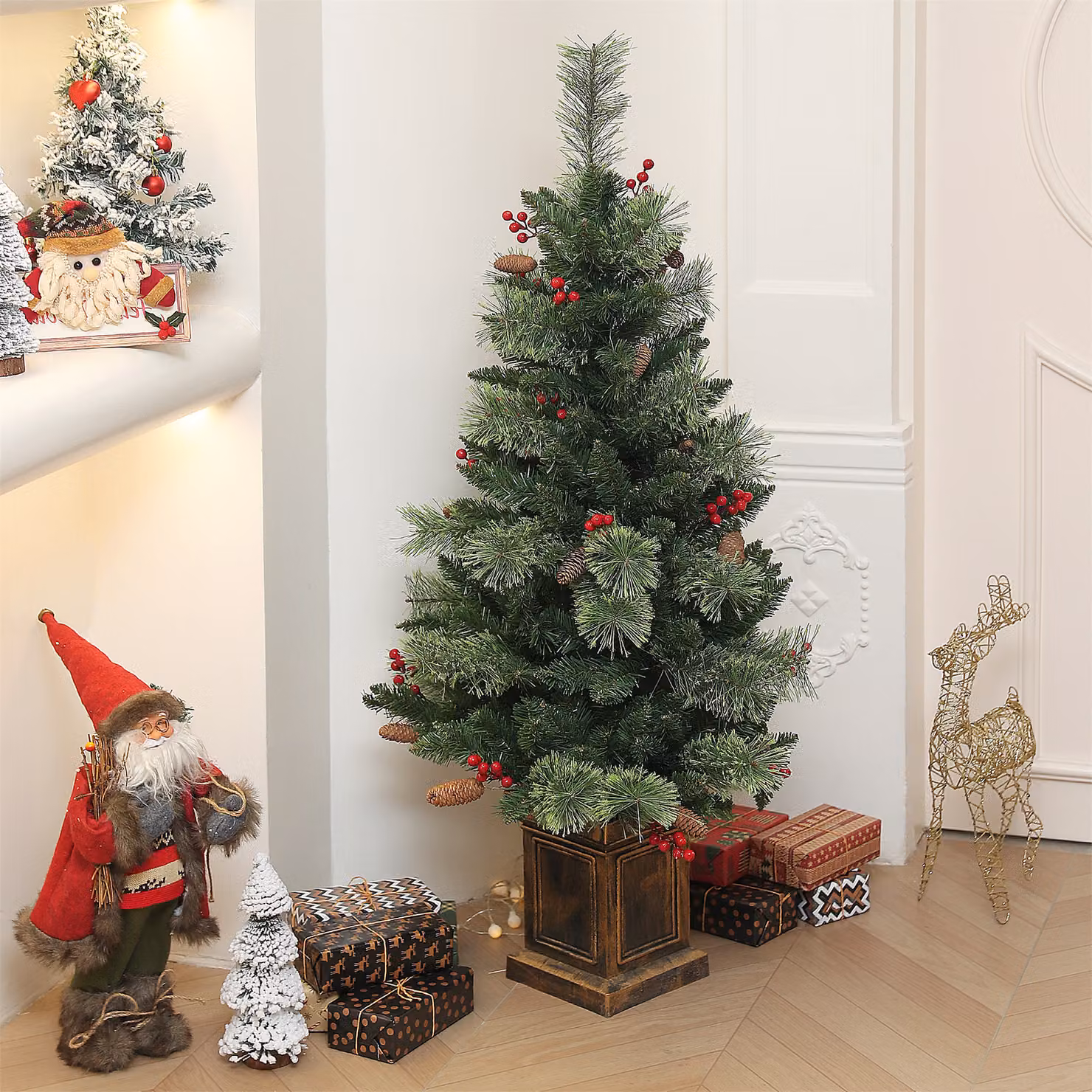HOMCOM Small Green Christmas Tree with 100 Warm White LED Lights, 8 Modes and Red Berries, Height: 120 cm – 7