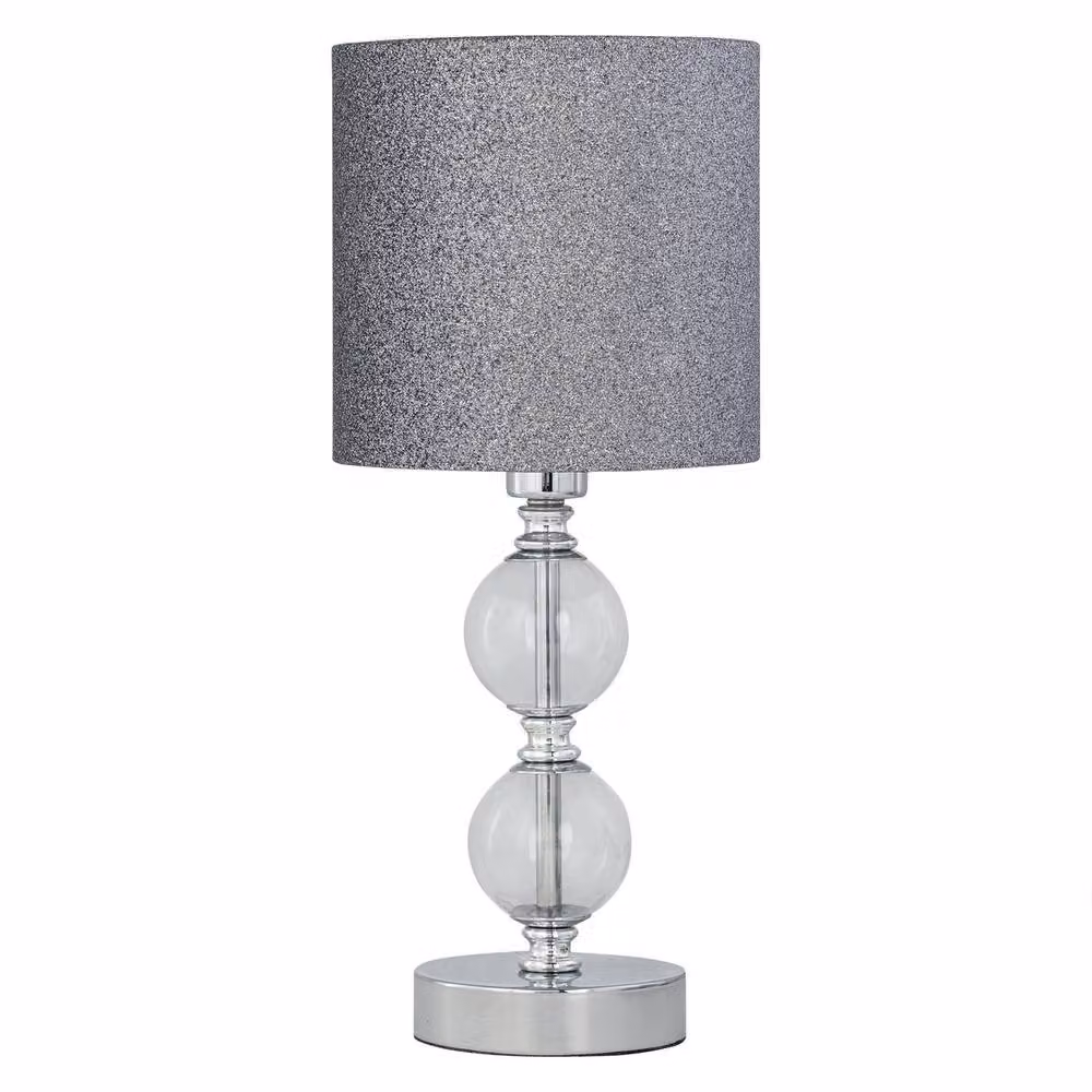 First Choice Lighting Set of 2 Chrome Two Ball Table Lamps with Silver Glitter Fabric Shades – 2