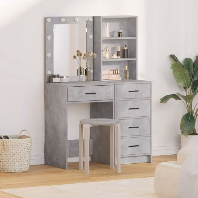 Berkfield Home 2 Piece LED Dressing Table Set in Matt Concrete Grey Engineered Wood