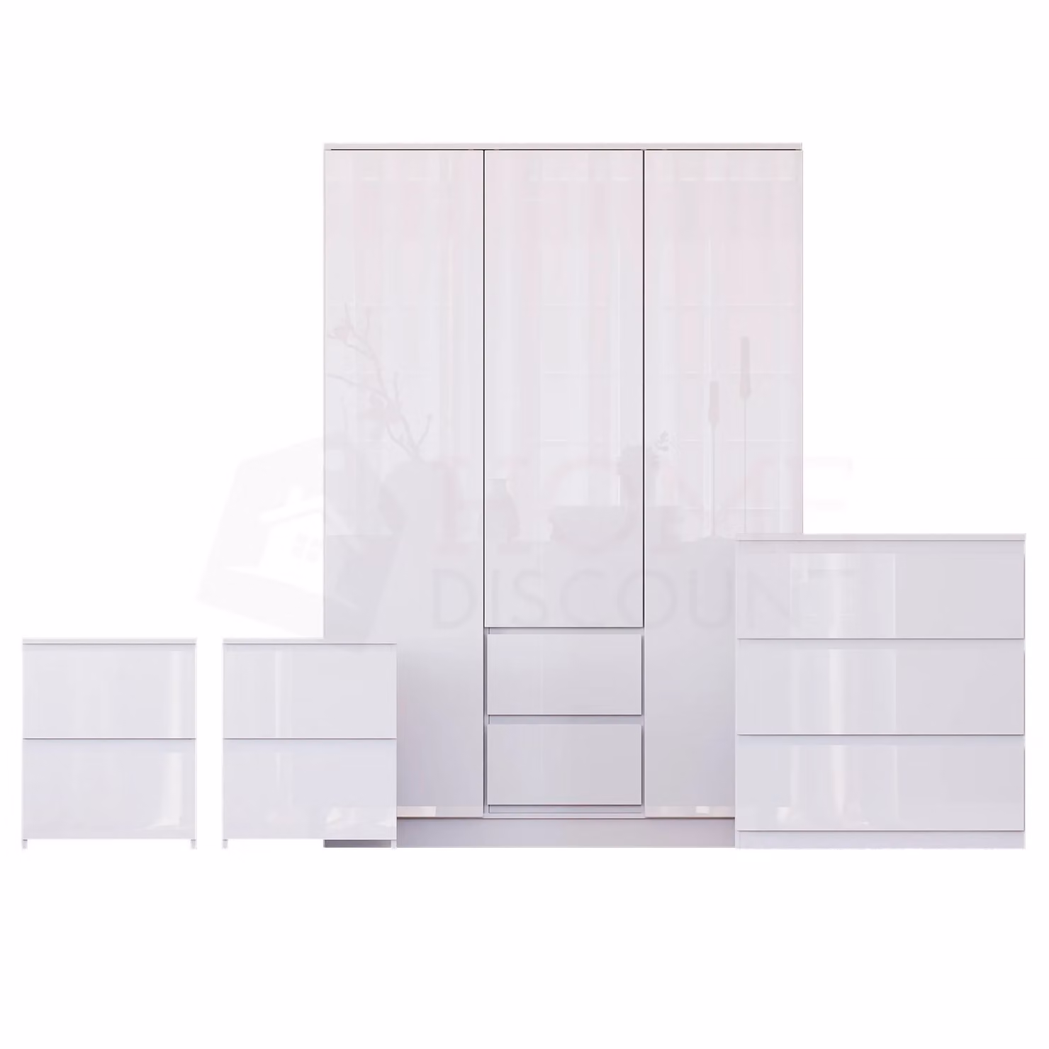 Vida Designs Glinton 4 Piece Modern Glossy White Bedroom Set Including 2 Bedside Tables, 3 Drawer Chest and Wardrobe – 2
