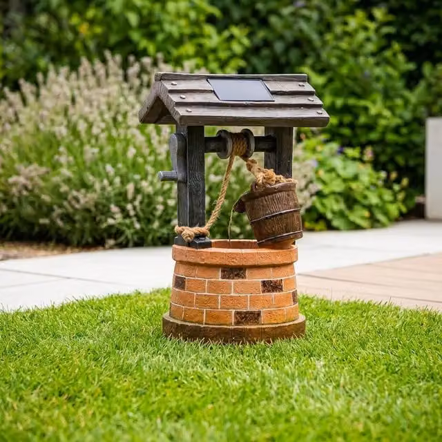Garden Greatness Solar Wishing Well Garden Water Feature Fountain, Brown and Multicolour, W/D/H: 51 x 31 x 31 cm