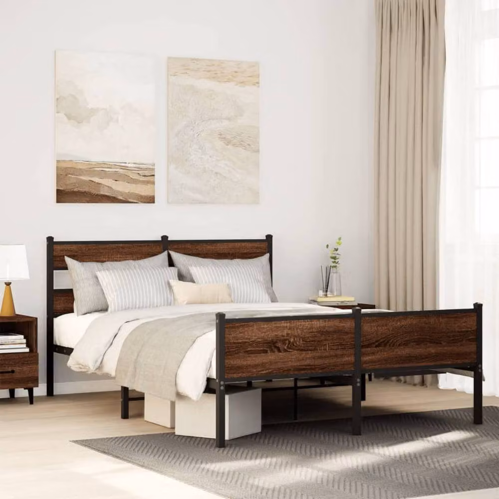 Berkfield Home Metal and Wood Bed Frame in Brown Oak – 2