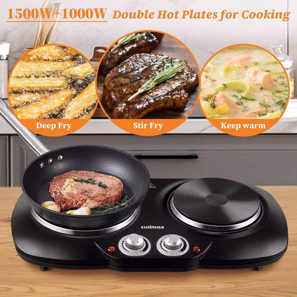 Cusimax Black Portable Double Hot Plate with 2500W Cast Iron Burners, W: 55 cm – 8