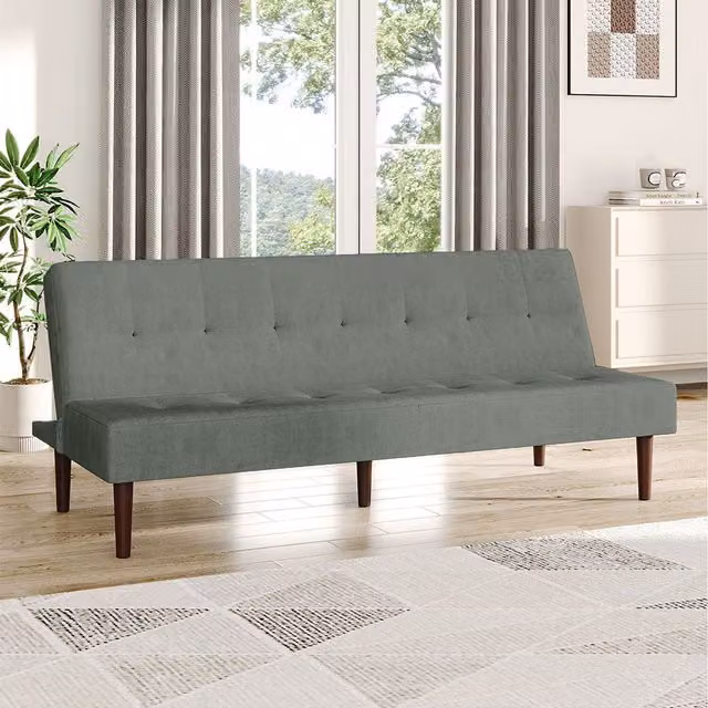 Komore Grey Tufted Towelling Convertible Click Clack Sofa Bed with Solid Rubberwood Frame