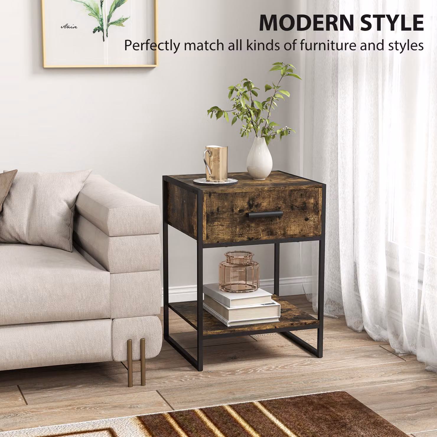 HOMCOM Modern Bedside Table in Brown and Black – 4