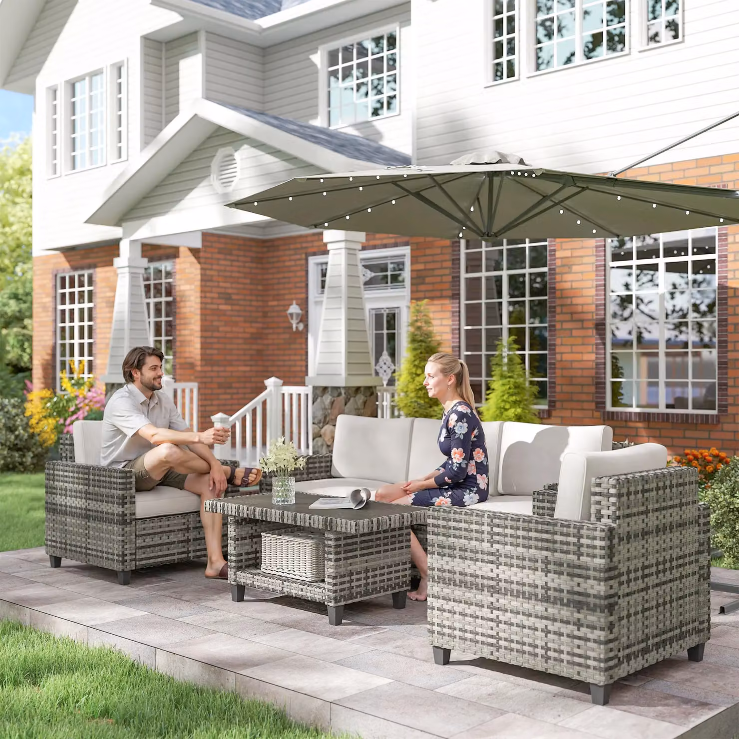 OUTSUNNY 5 Seater Wicker Outdoor Furniture Set with Upholstered Cushions and Coffee Table in Grey – 6