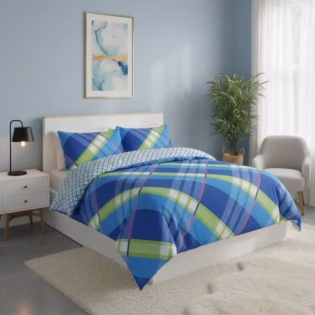 Snug City Reversible Geometric Pattern Duvet Cover and Pillowcase Set in Blue, King Size (W: 180 cm, L: 200 cm) – 1