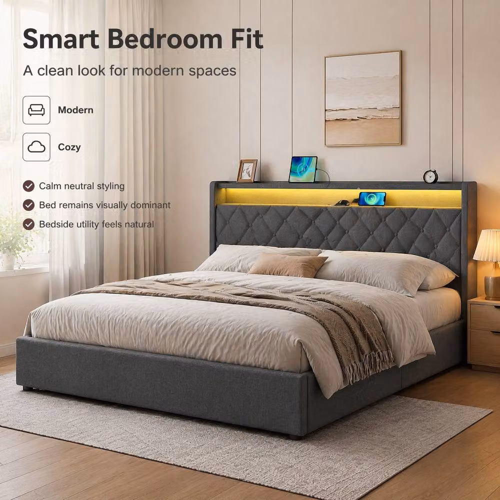 STILVORA King Size Ottoman Bed in Grey with LED Under-Bed Lighting and USB Charging Station, W/D/H: 180 x 152.4 x 120.5 cm – 4