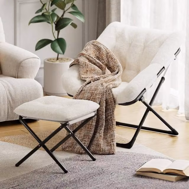 London Boutique Off-White Bouclé Folding Saucer Lounge Chair with Ottoman and Metal Frame – 1