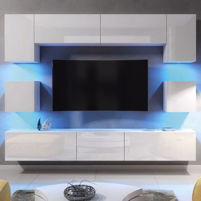 Mex Furniture LTD Modern White Glossy TV Wall Unit with Integrated LED Lighting and Hinged Doors, Width: 242 cm