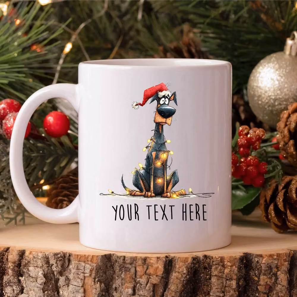 60 SECOND MAKEOVER Personalised Doberman Christmas Lights Santa Hat Ceramic Mug in White – 2